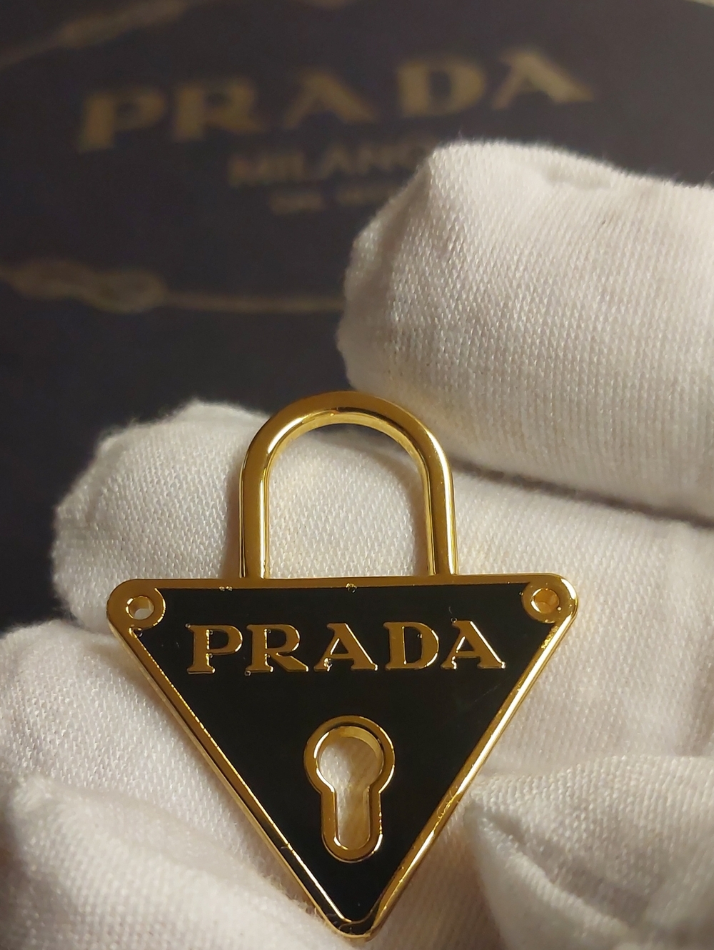 Prada Gold & Black Triangle Lock Pendant - Designer Women’s Jewelry